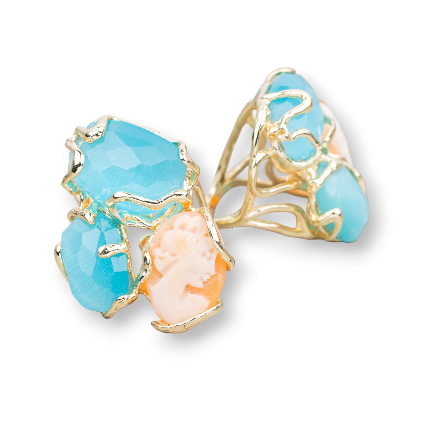 Anello Aurora in Bronzo con Occhio di Gatto e Cammeo Naturale - Eleganza Regolabile