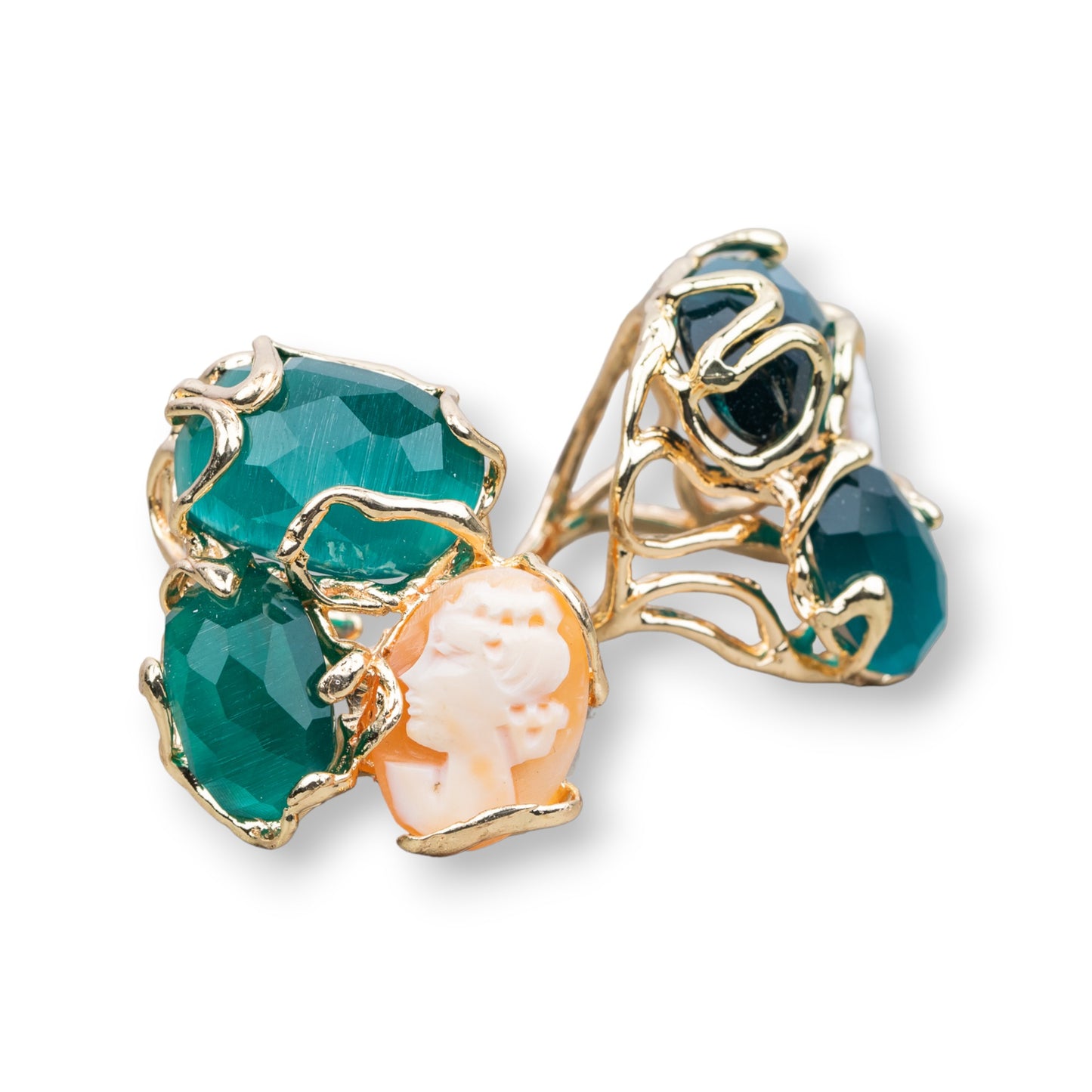 Anello Aurora in Bronzo con Occhio di Gatto e Cammeo Naturale - Eleganza Regolabile