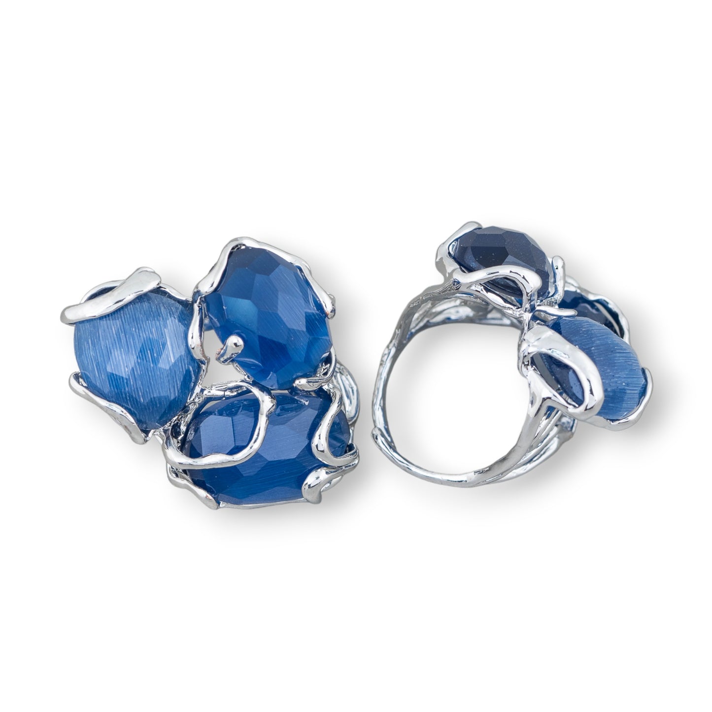 Anello Aurora in Bronzo con Occhio di Gatto – Eleganza Regolabile Rodiata Blu Scuro