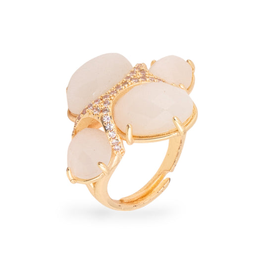 Anello Elegante in Bronzo con Occhio di Gatto e Zirconi - Misura Regolabile Dorato e Bianco