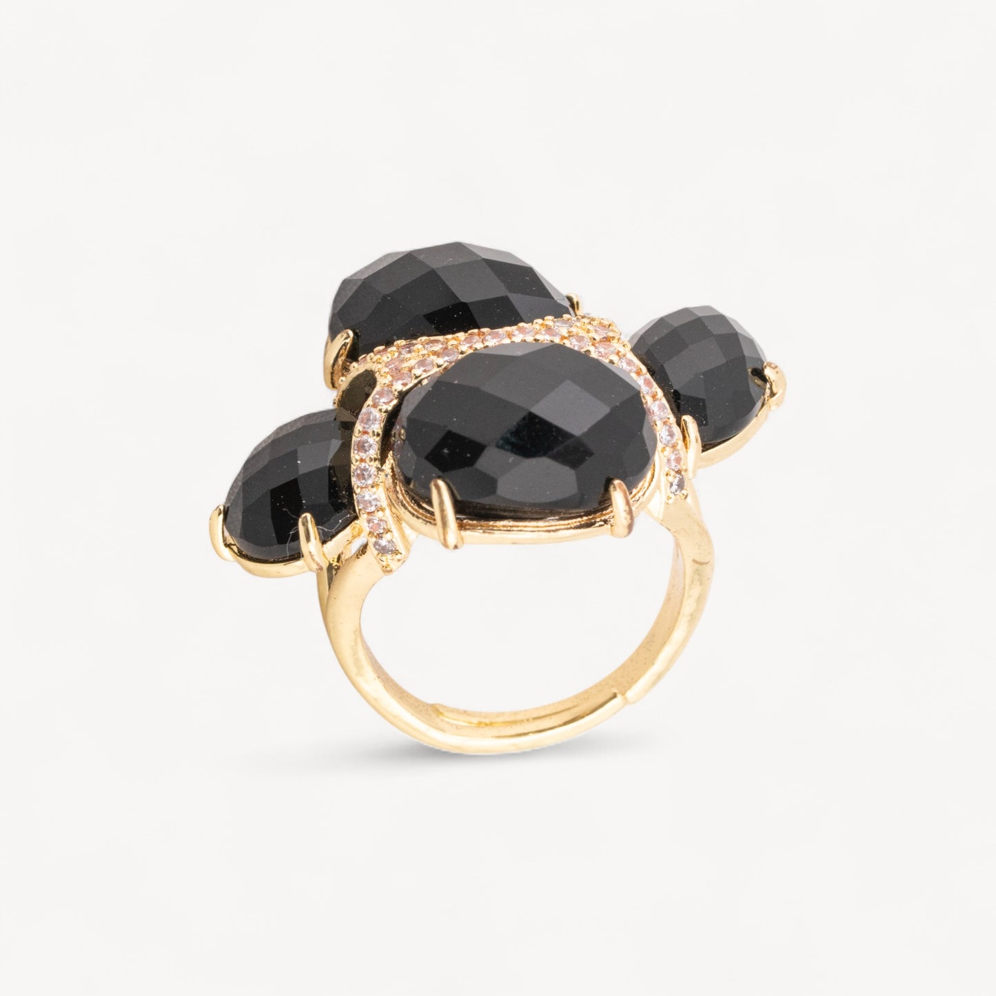 Elegant Bronze Ring with Cat's Eye and Zircons - Adjustable Size Black Gold
