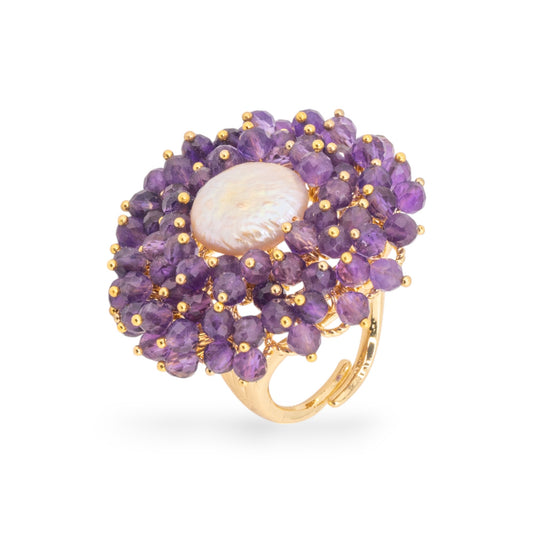 Elegante Anello in Bronzo con Perline e Perle di Fiume - Misura Regolabile Color Ametista