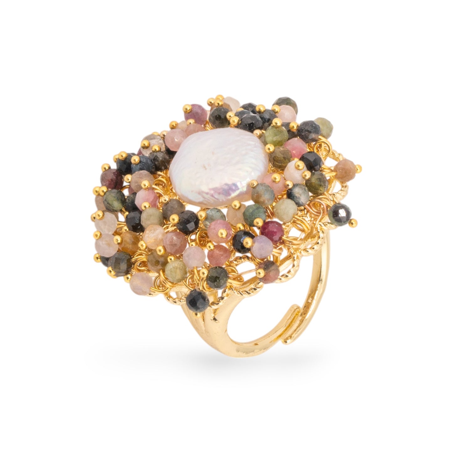 Anello Elegante in Bronzo con Perline e Perle di Fiume - Misura Regolabile Dorato con Tormalina