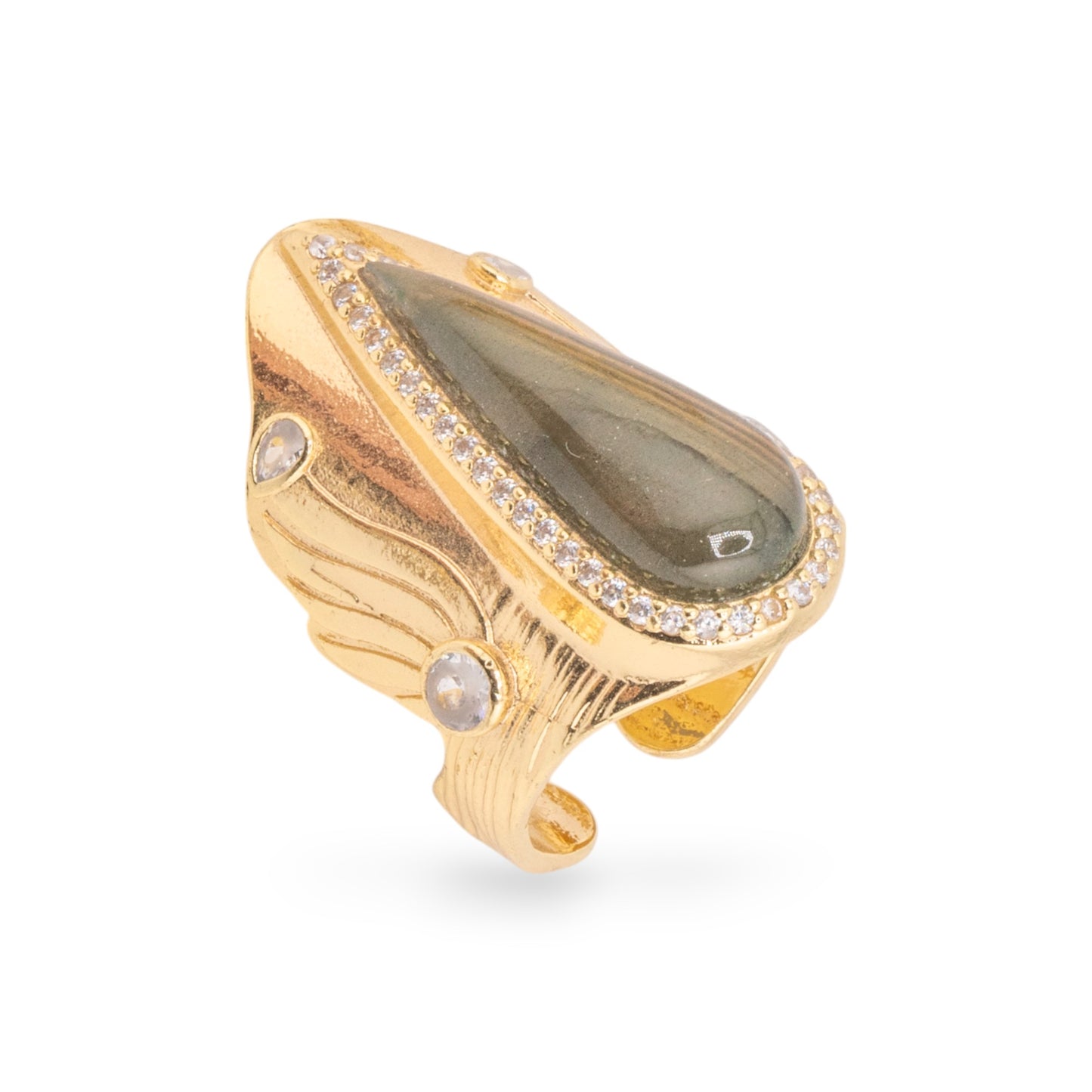 Designer Ring in Bronze with Natural Stones and Zircons - Adjustable Elegance in Anthracite
