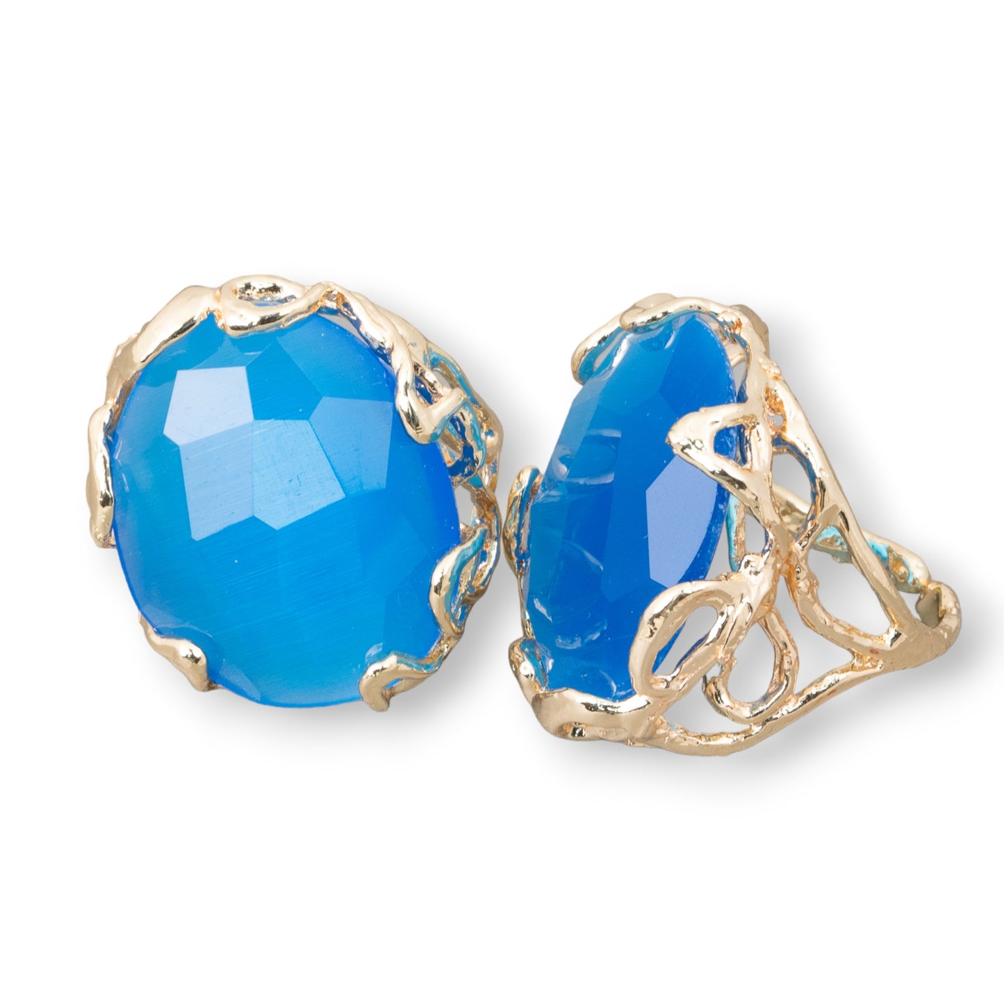 Anello AURORA-1 in Bronzo Dorato con Occhio di Gatto Azzurro - Eleganza Artigianale Unica