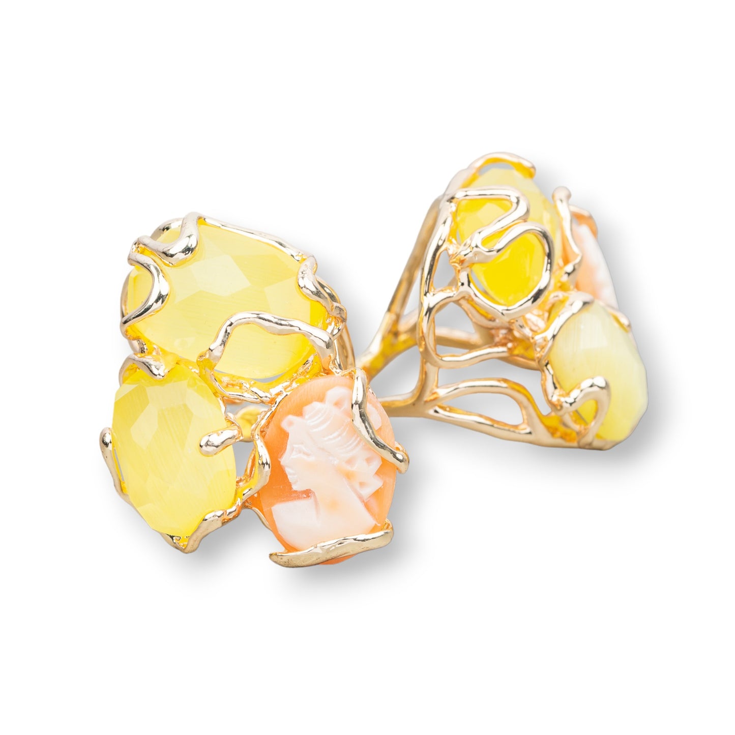 AURORA Ring in Gilded Bronze with Cat's Eye and Natural Cameo - Unique Elegance