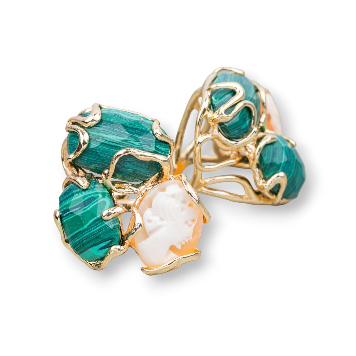 AURORA Ring in Gilded Bronze with Cat's Eye and Malachite Cameo - Unique and Adjustable