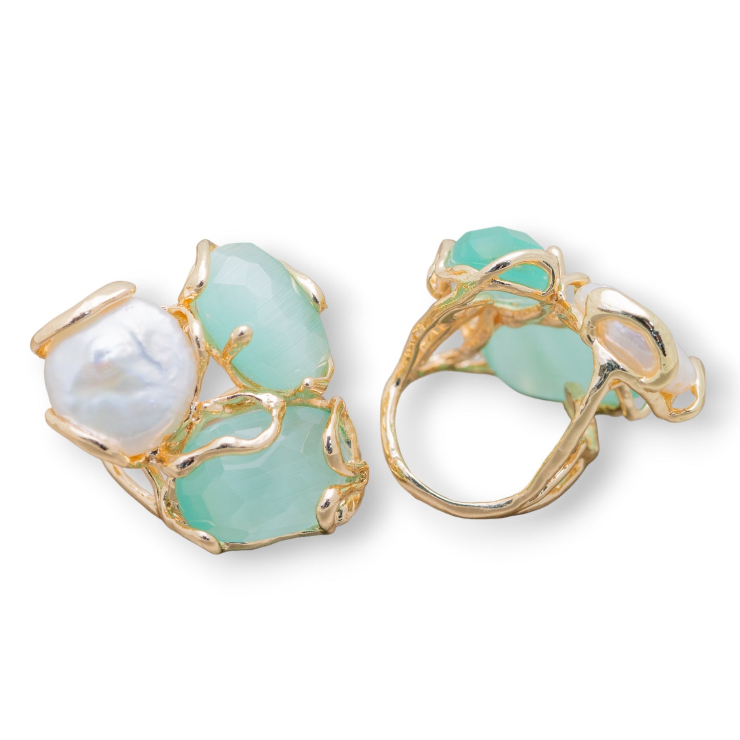 AURORA Ring in Gilded Bronze with Cat's Eye and Aqua Green River Pearls - Unique Artisan Elegance