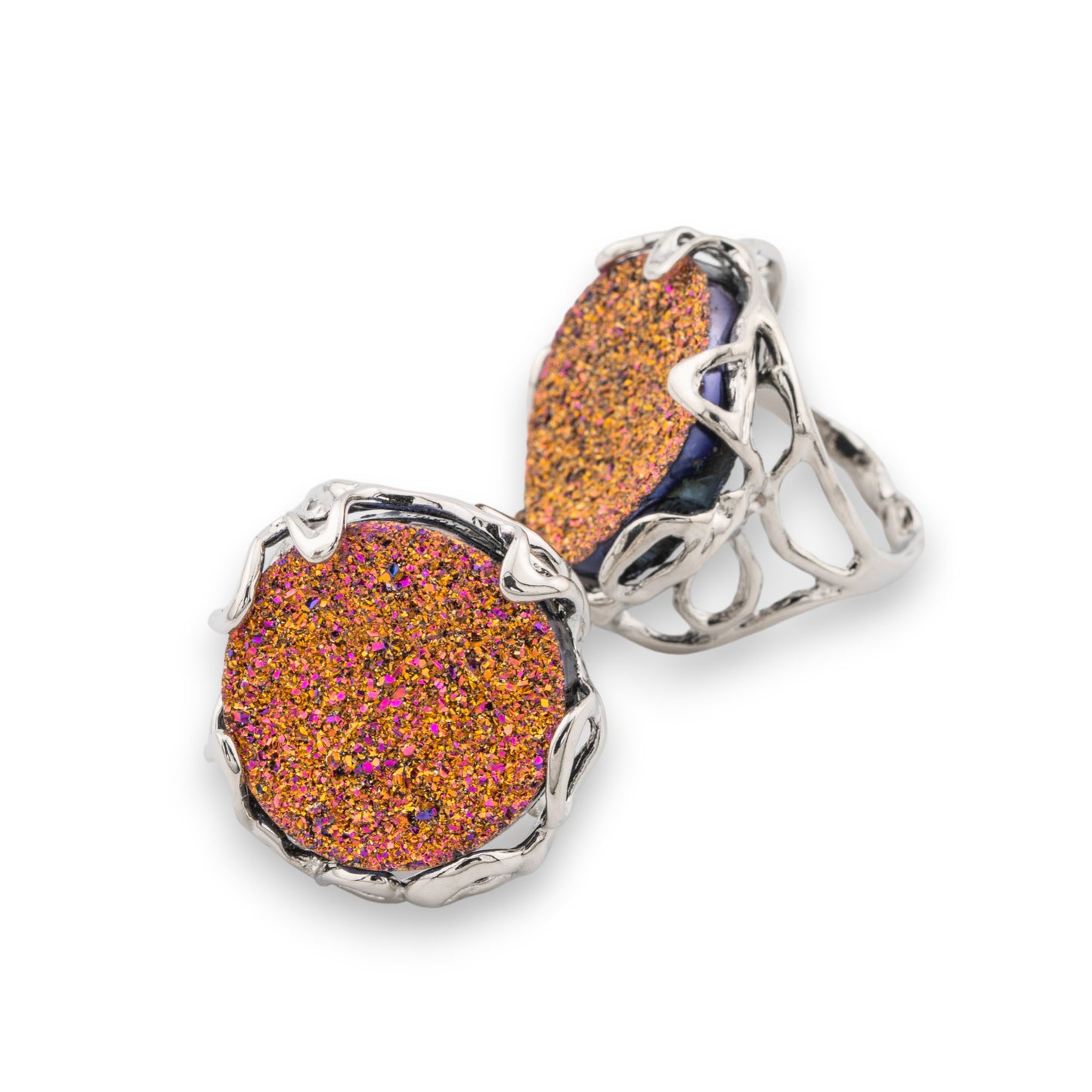 Adjustable Aurora Ring: Elegance in Rhodium-Plated Bronze with Orange Druzi Resin