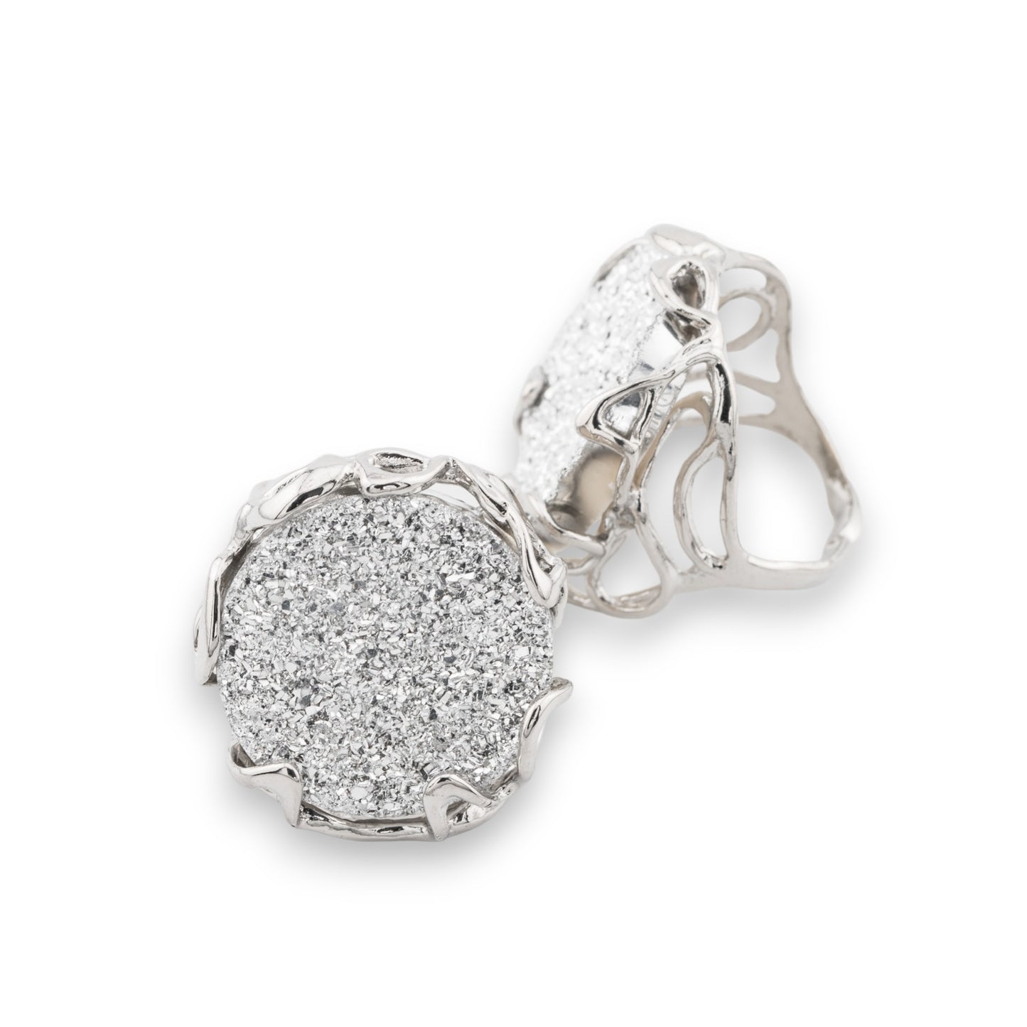 Anello Regolabile in Bronzo Rodiato - Collezione AURORA-1 con Resina AB e Druzi Argentato