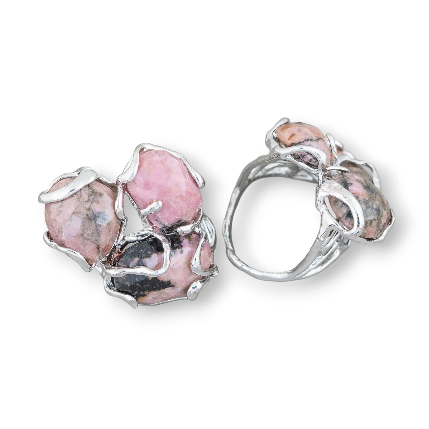 AURORA Ring in Rhodium-Plated Bronze with Rhodonite Hard Stones - Customizable Elegance