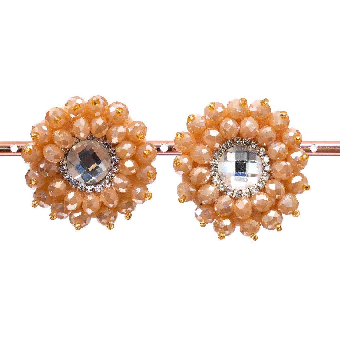 Crystal Elegance Clip Earrings with Peach AB Cabochon - A Touch of Sophistication