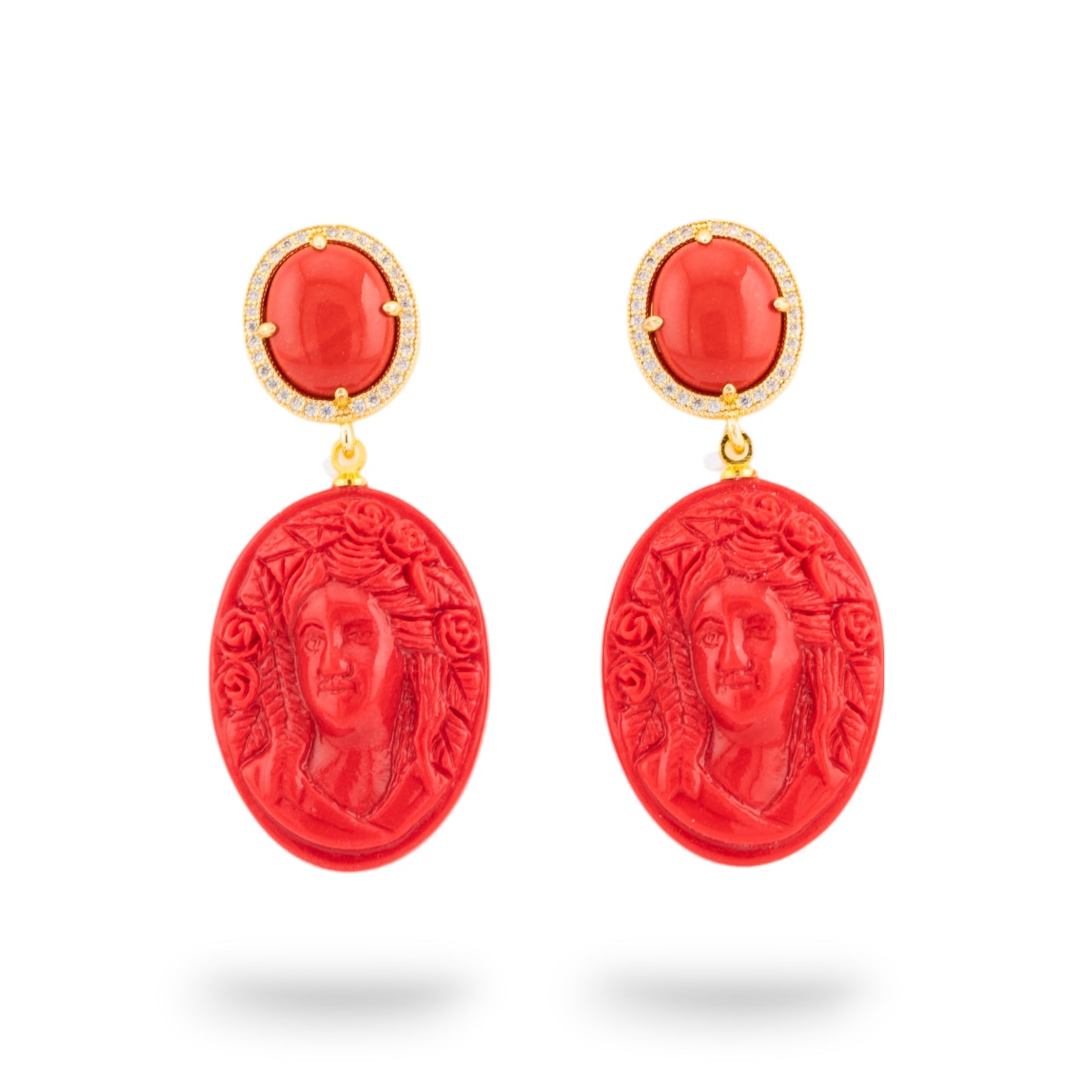 Orecchini Eleganza Naturale: Bronzo e Pietre Dure con Corallo e Cammeo