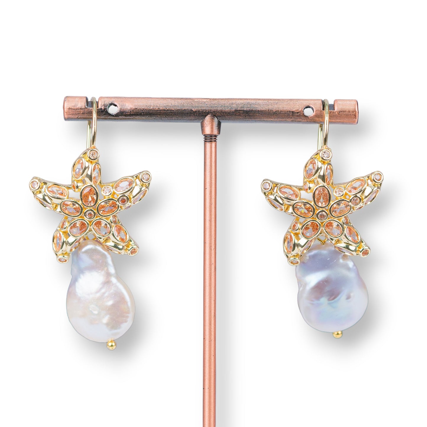 Orecchini Monachella Stella Marina in Bronzo con Zirconi e Perle Barocche Champagne