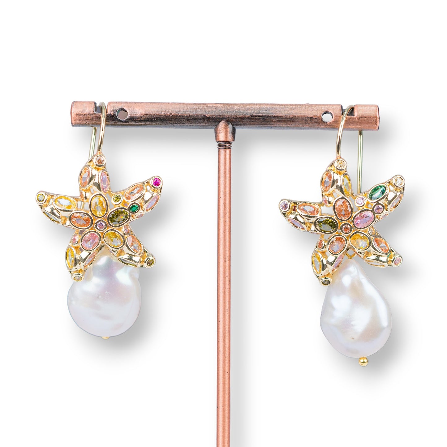 Starfish Monachella Earrings in Bronze with Zircons and Multicolor Baroque Pearls