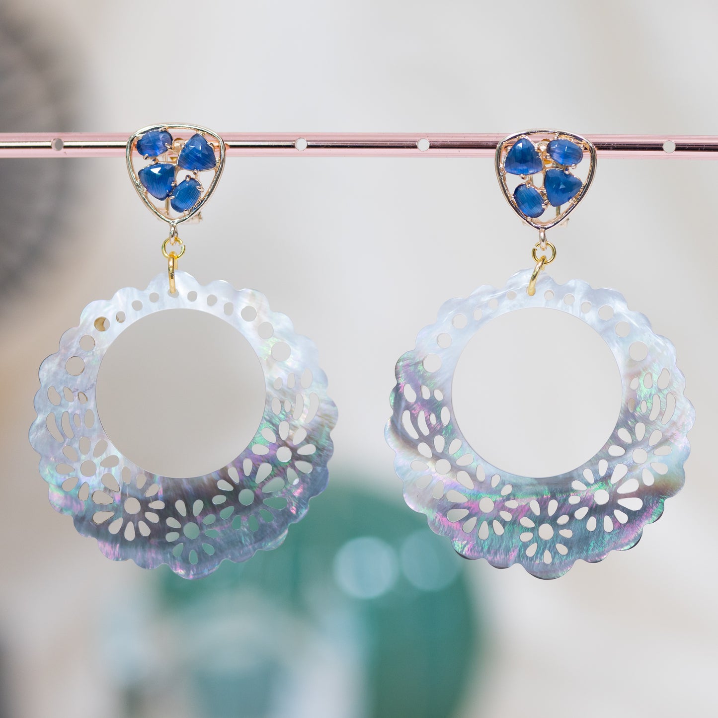 Elegant Bronze Cat's Eye and Blue Mother of Pearl Earrings - A Touch of Sophistication