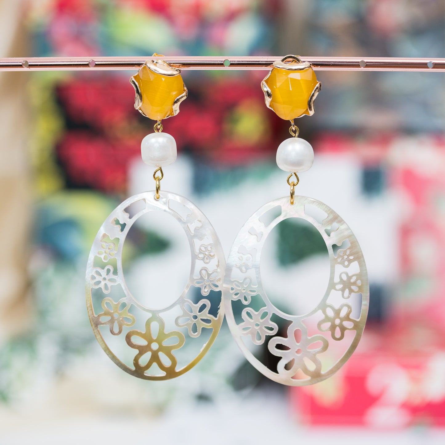 Unique Elegance: Bronze Earrings with Cat's Eye and River Pearls