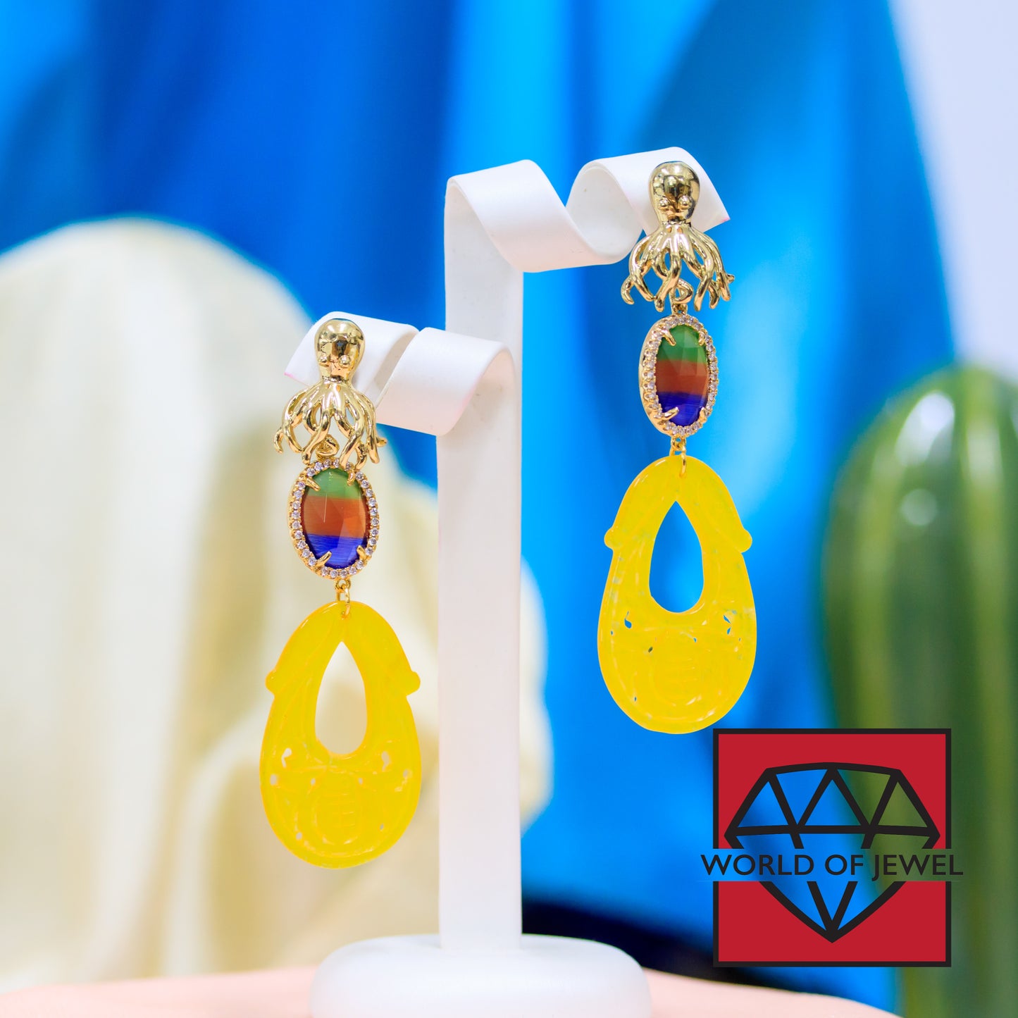 Elegant Bronze Octopus Stud Earrings with Cat's Eye Gemstones and Yellow Burma Jade