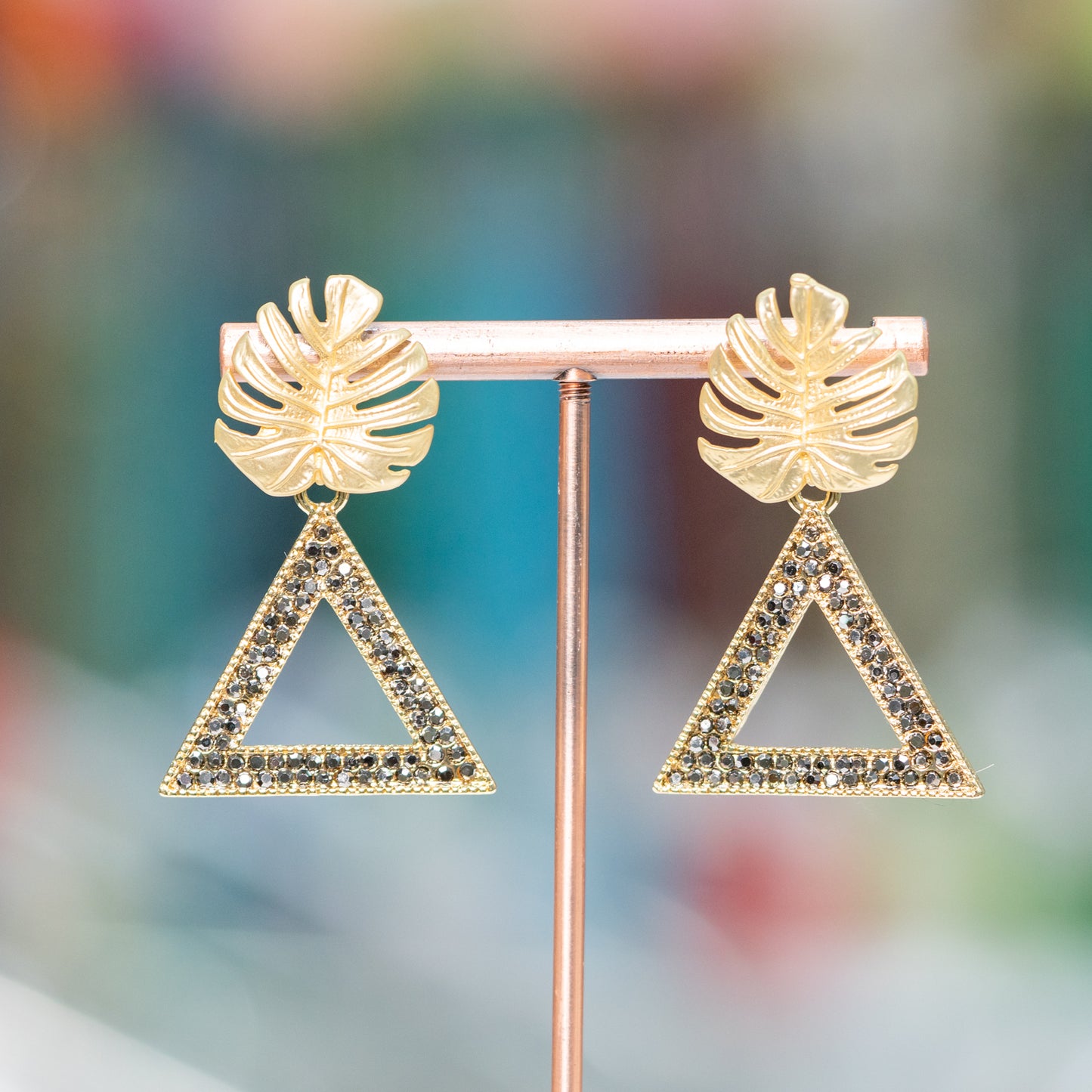 Elegant Bronze Earrings with Marcasite Triangle - Unique and Refined Style