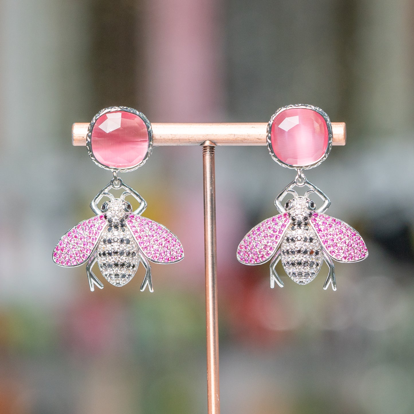 Elegant Bronze Earrings with Cat's Eye and Bees Unique Jewel