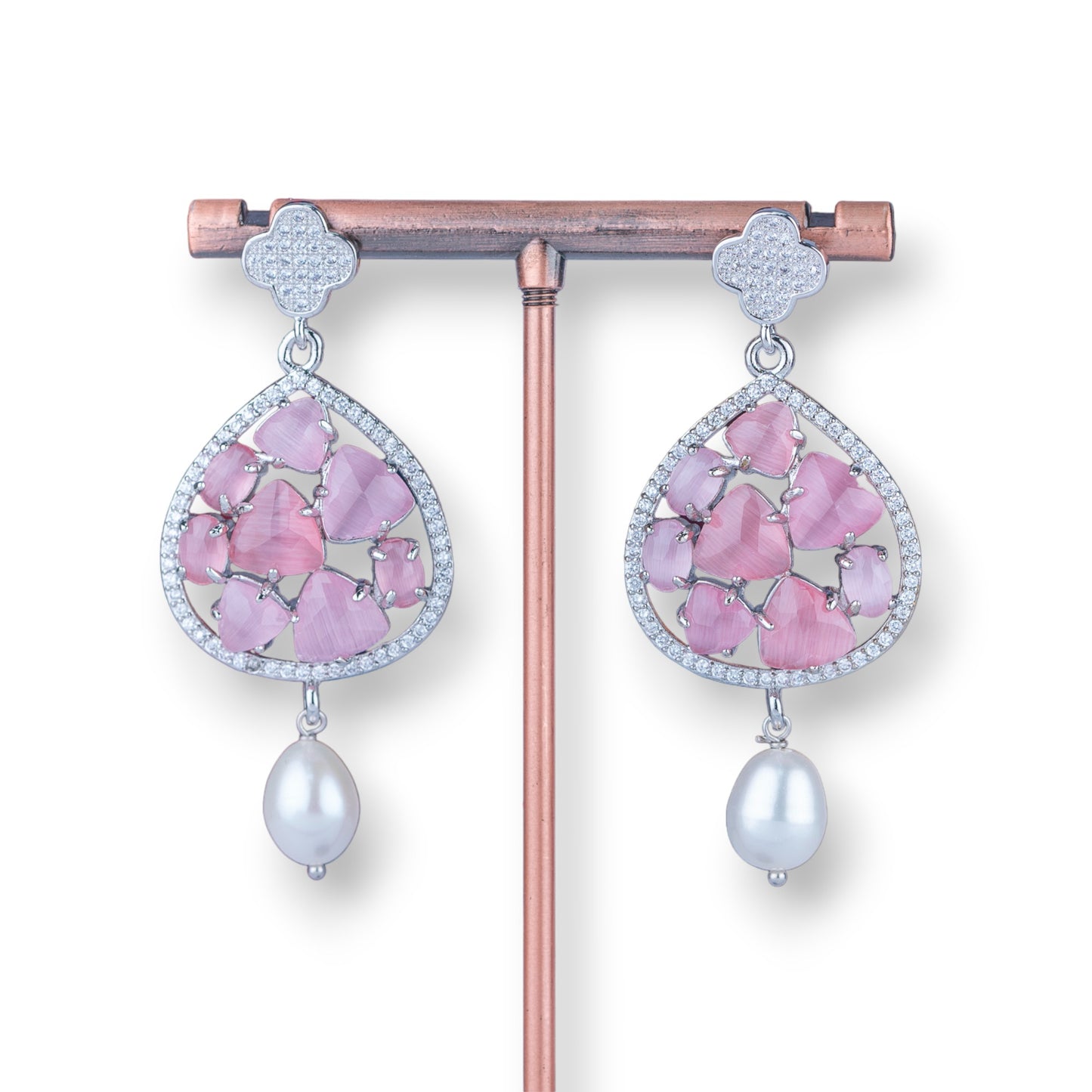 Bronze Four Leaf Clover Earrings: Elegance and Style with Cat's Eye and River Pearls