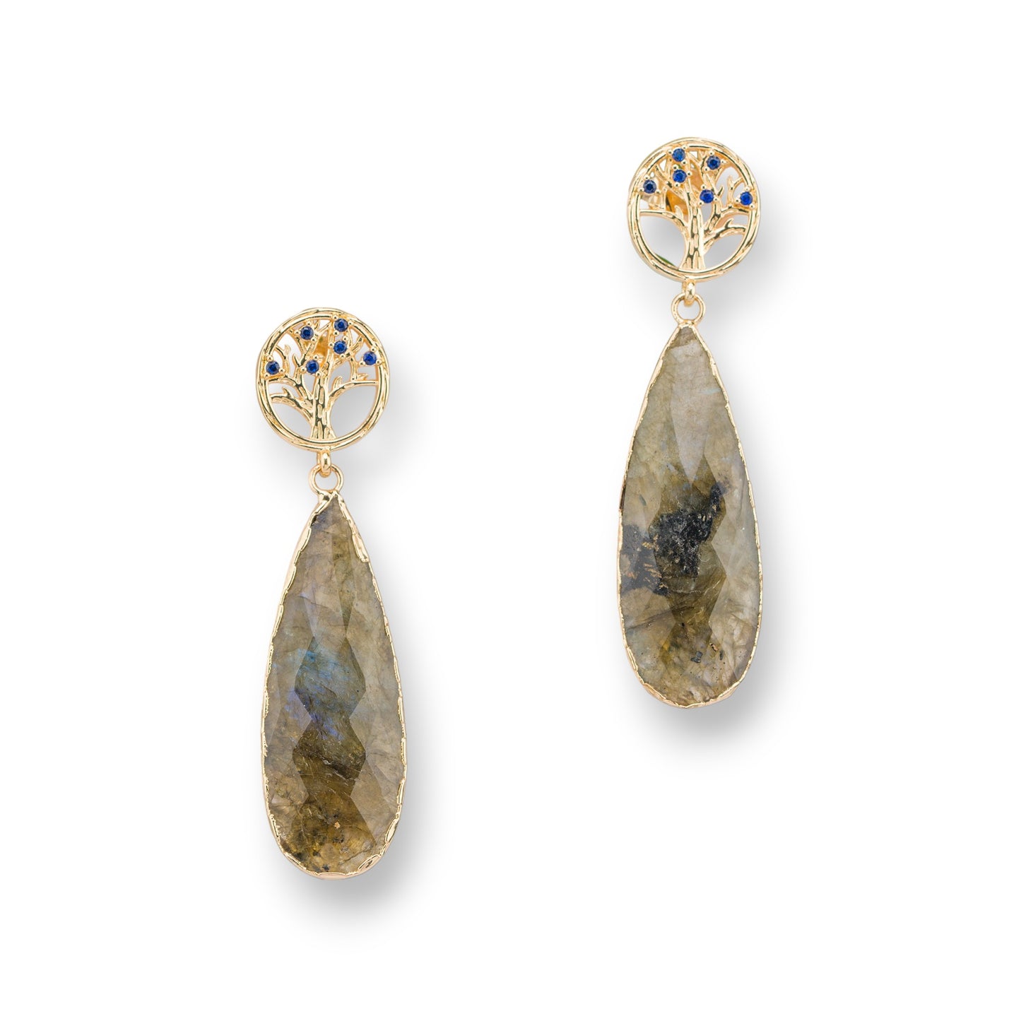 Bronze Stud Earrings with Zirconia and Labradorite Drop - Natural Elegance
