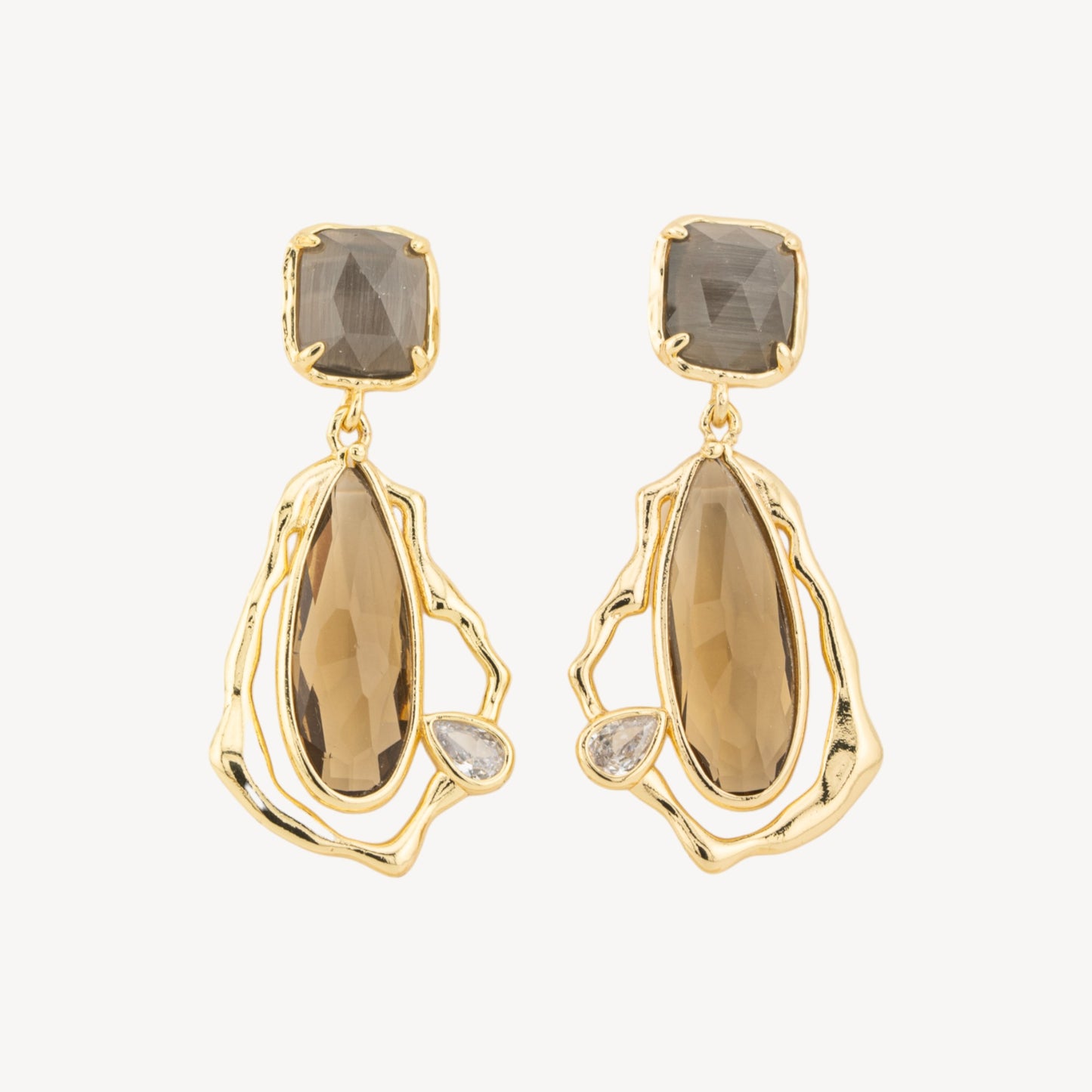 Bronze Stud Earrings with CZ Crystals and Cat's Eye in Smoked Gold - Refined Elegance and Unique Shine