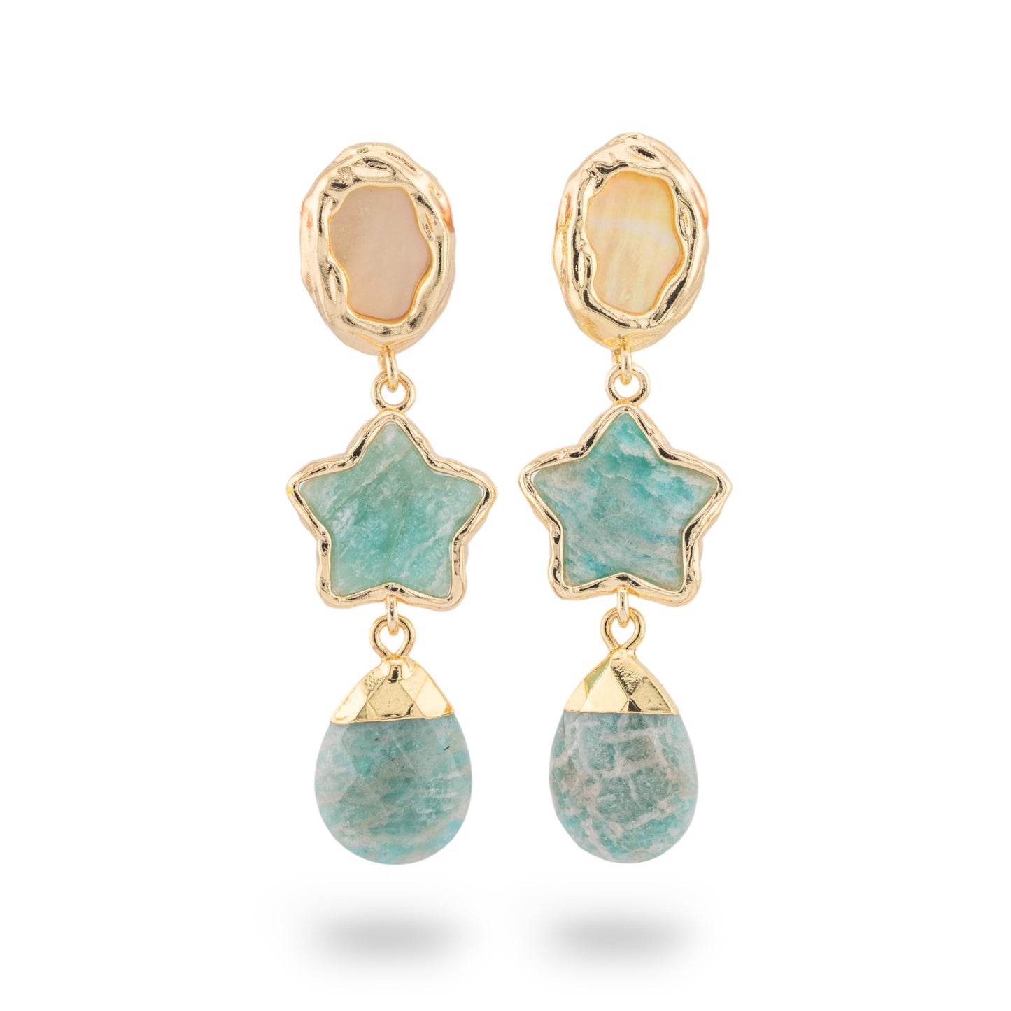 Bronze Stud Earrings with Hard Stone Stars and Elegant Amazonite Pendant