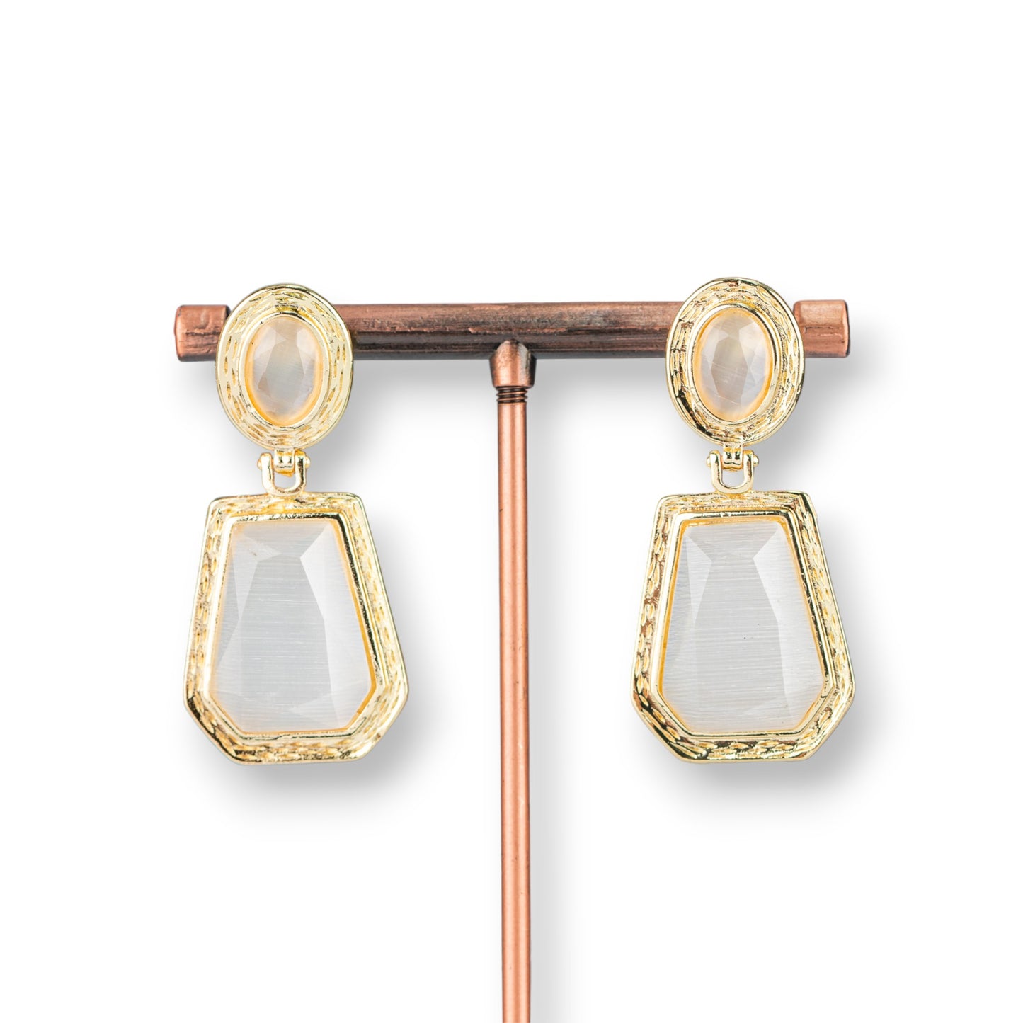 Elegant Bronze Cat Eye Drop Earrings – White Gold Style 20x42mm