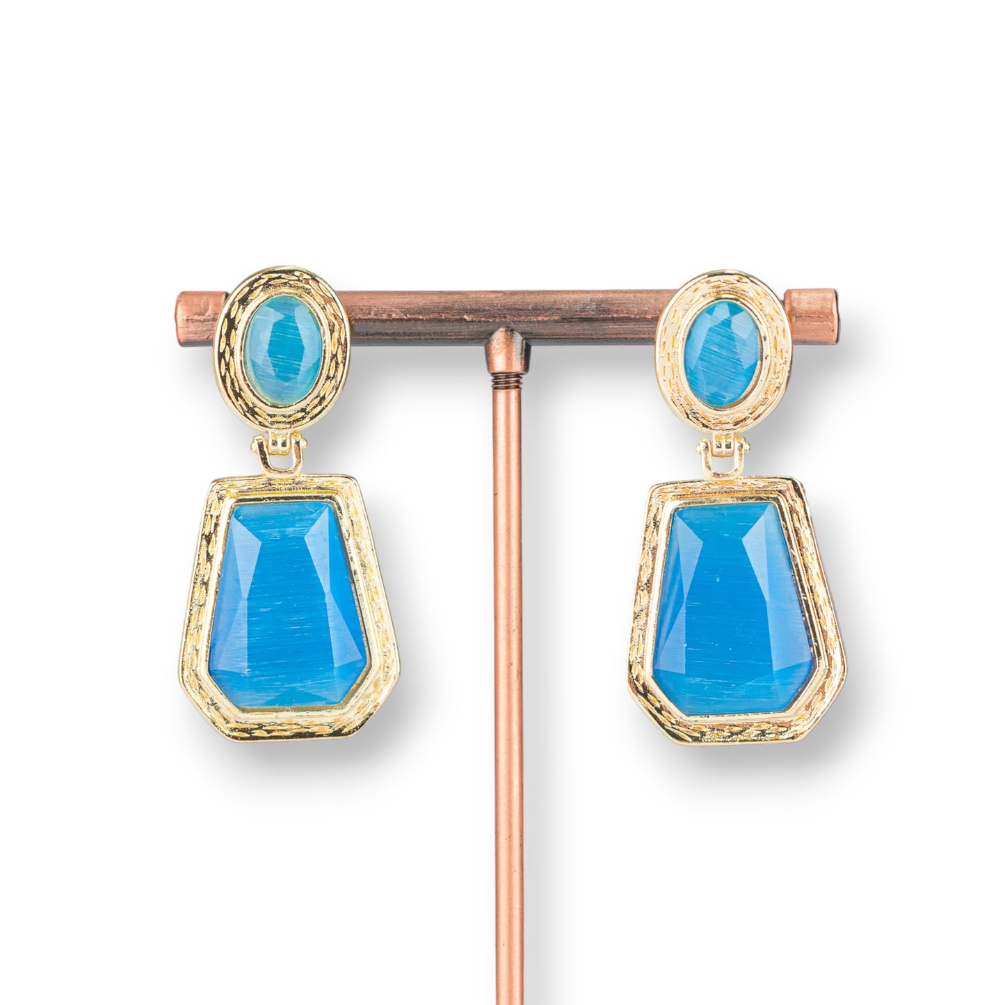 Bronze Stud Earrings with Cat's Eye Pendants - Light Blue Elegance
