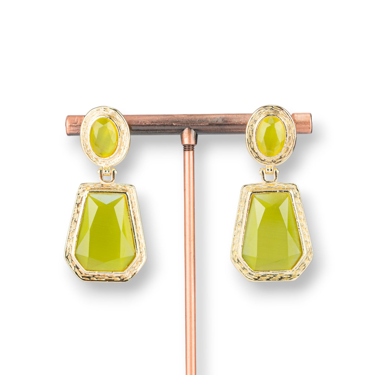 Bronze Stud Earrings with Cat's Eye Pendants - Acid Green Elegance