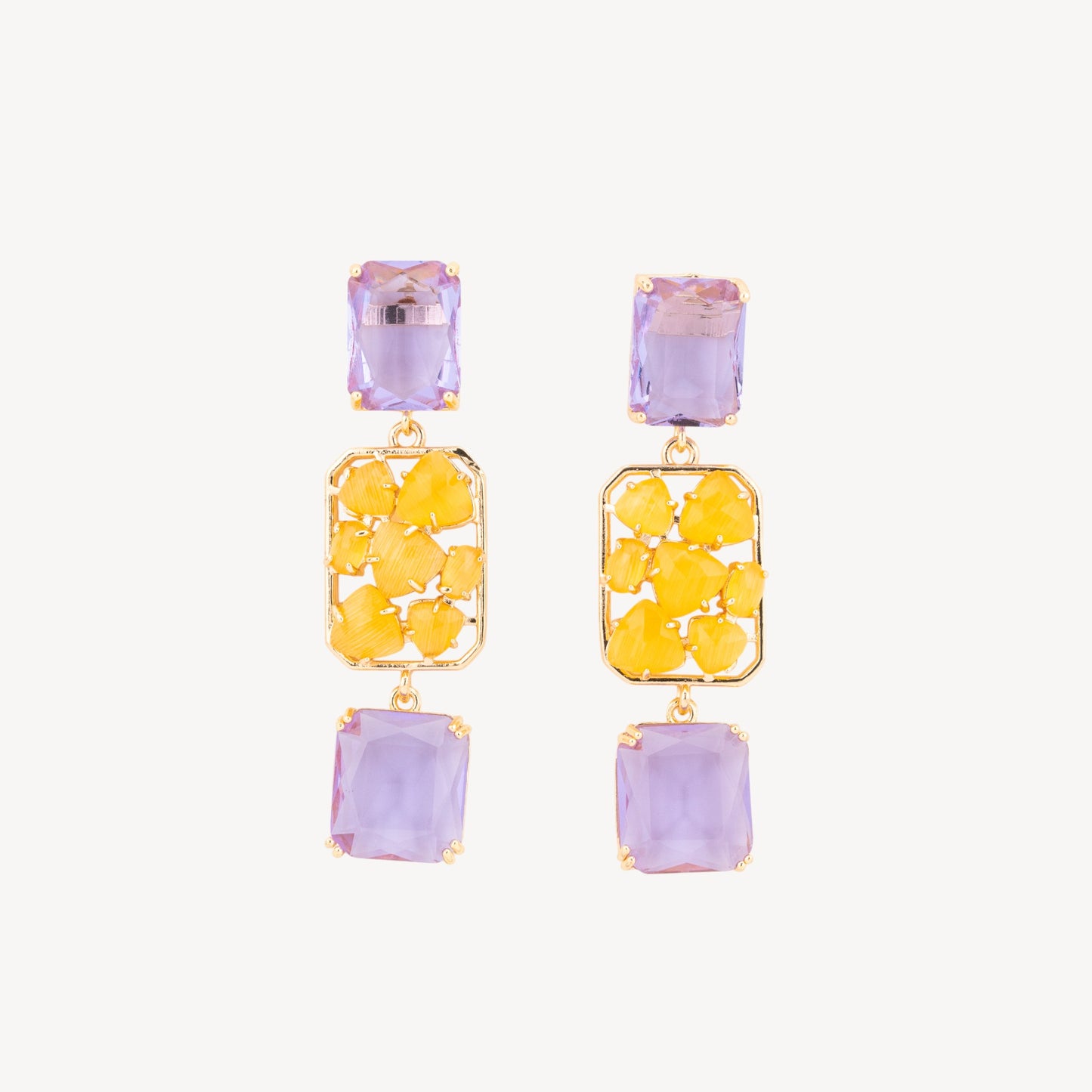 Elegant Lavender and Yellow Cat's Eye Rectangular Pendant Bronze Stud Earrings 18x65mm