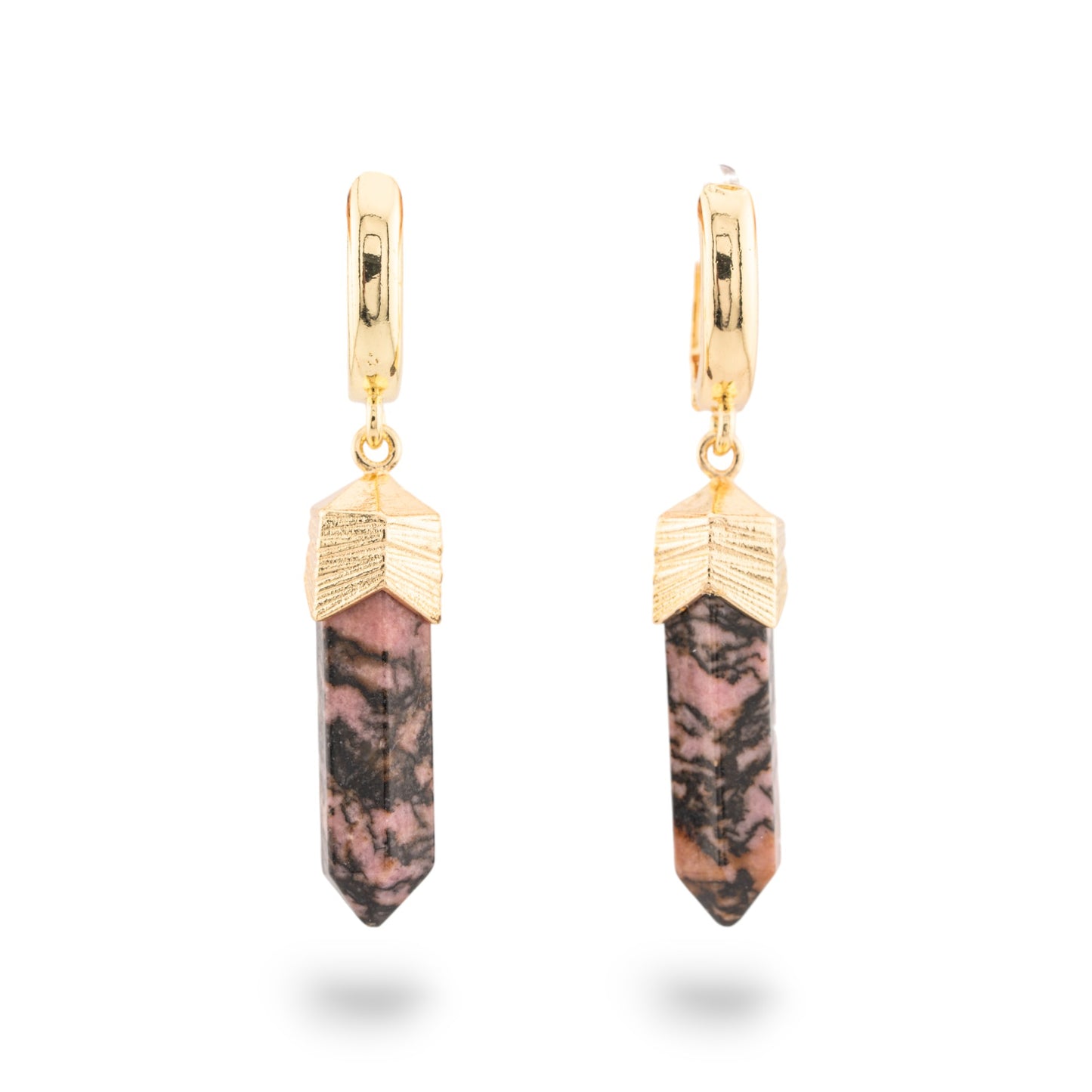 Bronze Stud Earrings with Obelisk Stone Pendants - Golden Rhodonite Elegance
