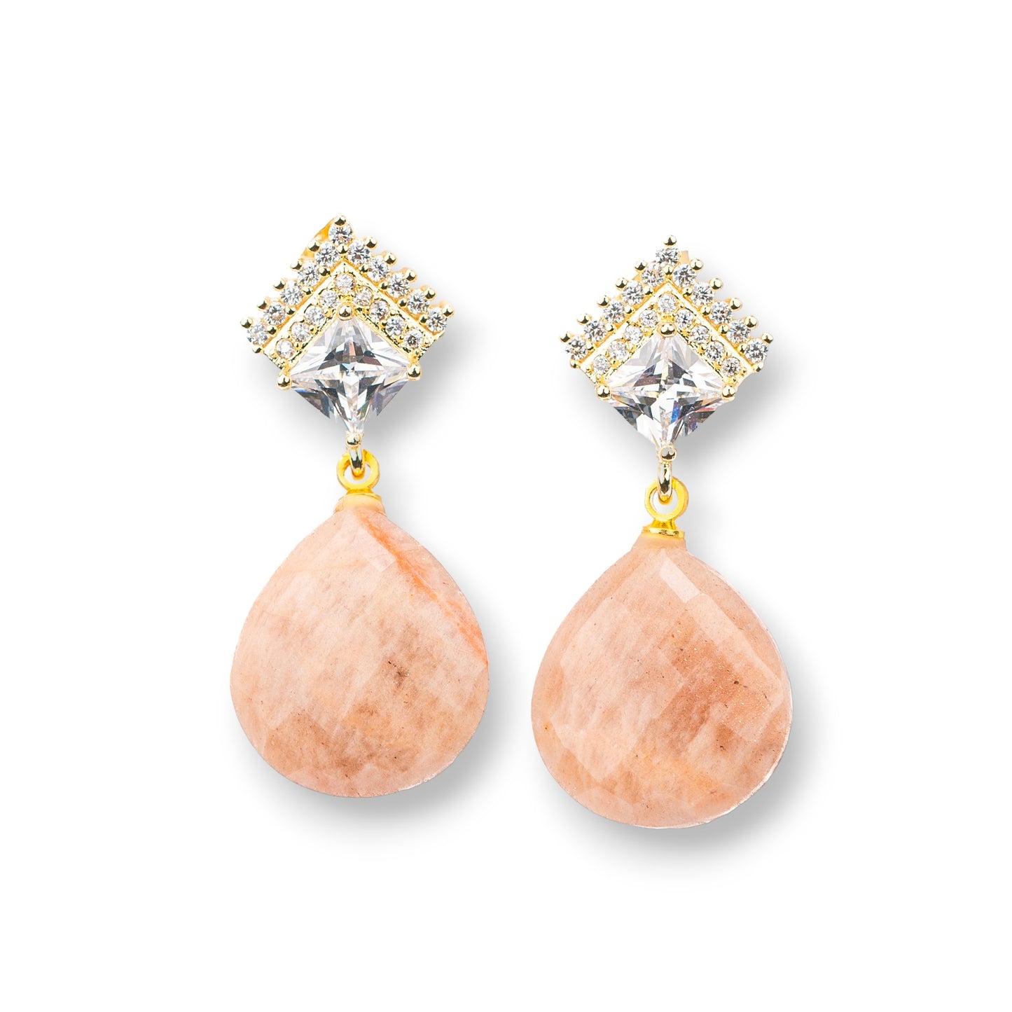 Elegant Bronze Stud Earrings with Hard Stones - Pink Moonstone