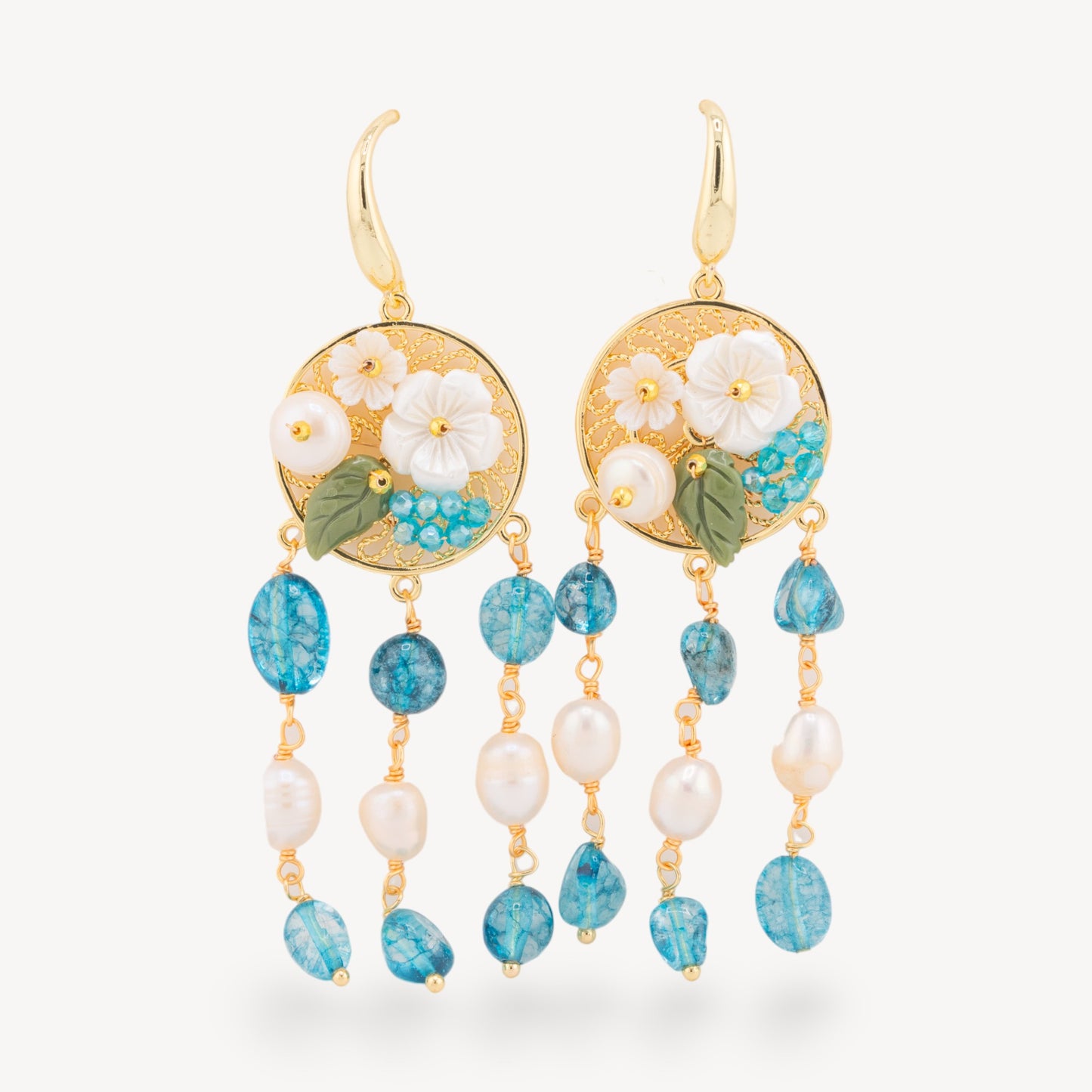 Bronze Stud Earrings with Hard Stones and Golden Pearls - Elegance in Blue