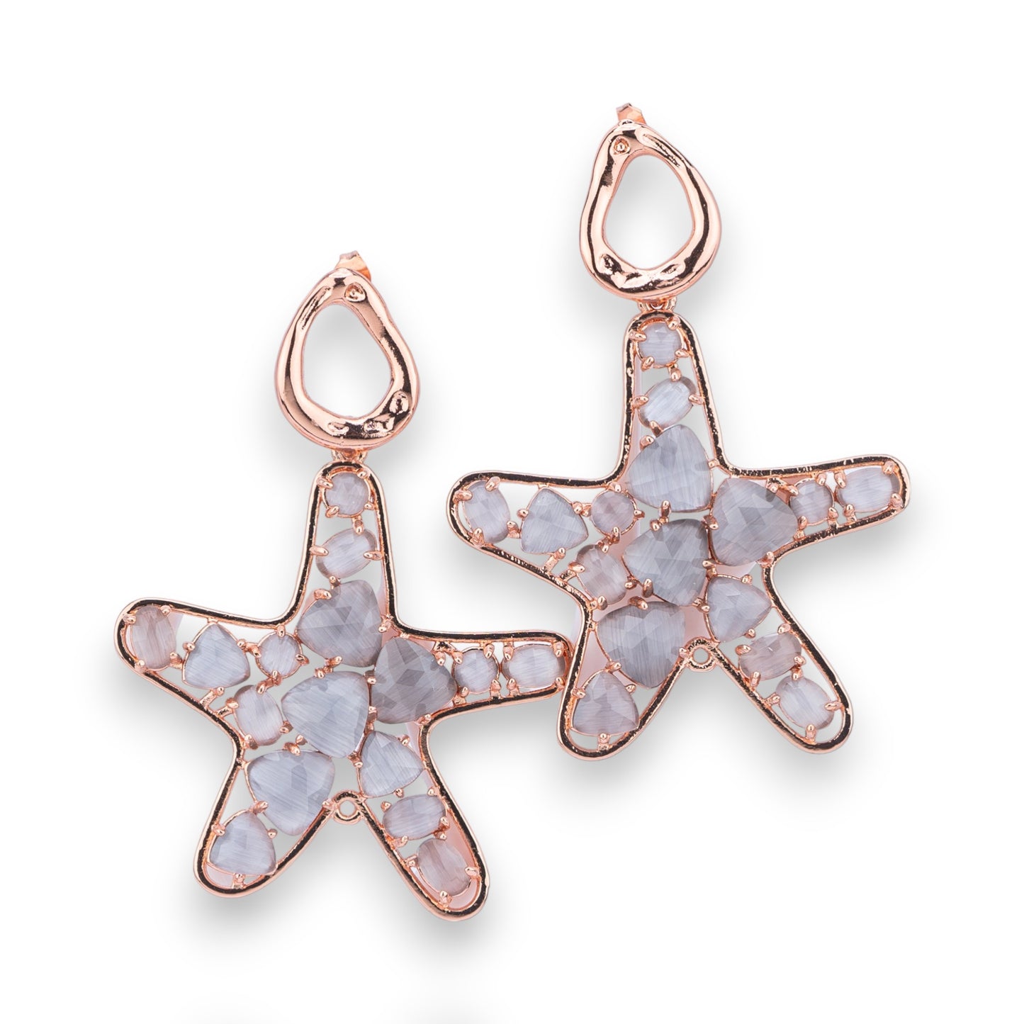Orecchini Eleganti in Bronzo con Stella Marina e Incastonatura in Occhio di Gatto – Oro Rosa Grigio
