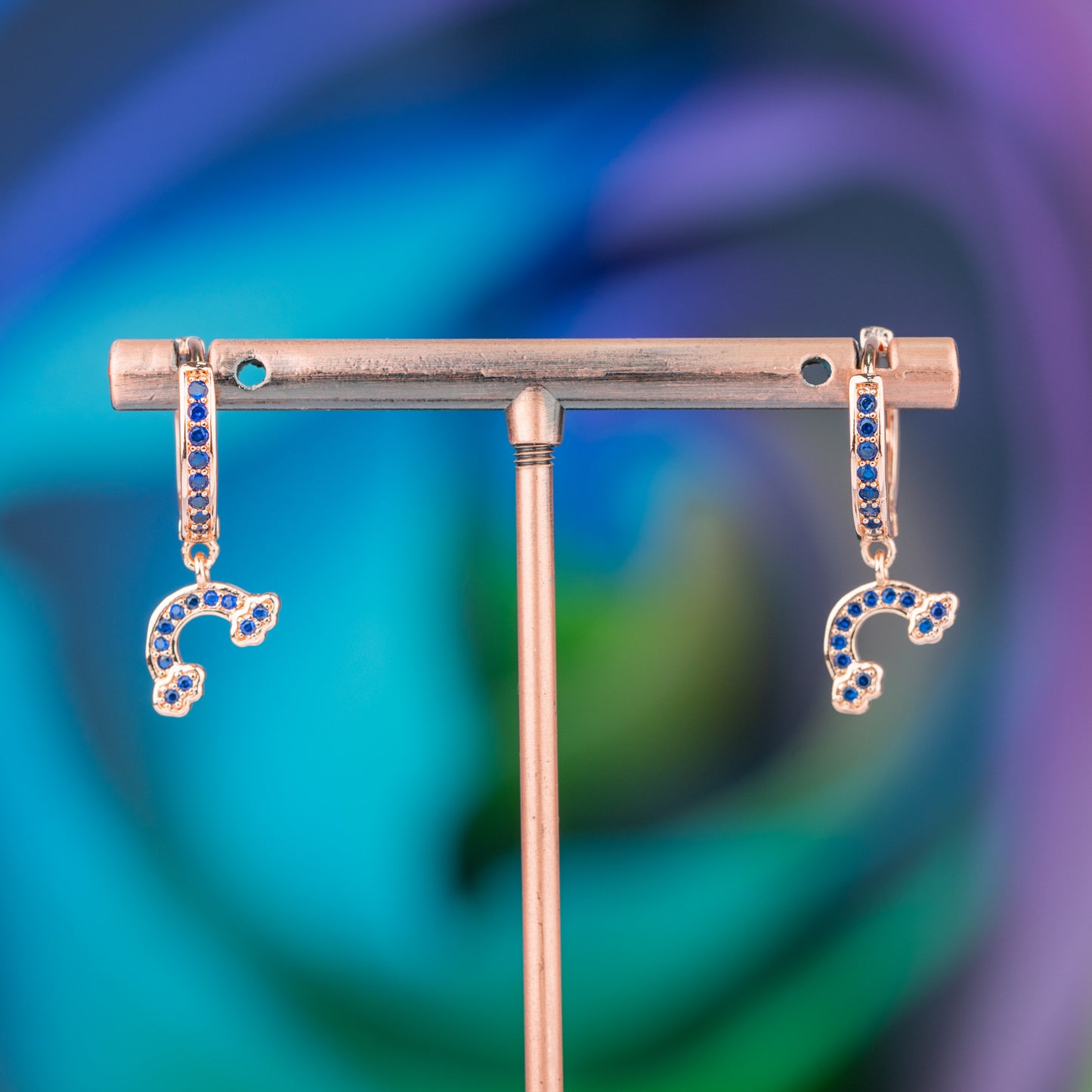 Rainbow Zirconia Bronze Stud Earrings - Unique Elegance in Rose Gold and Blue