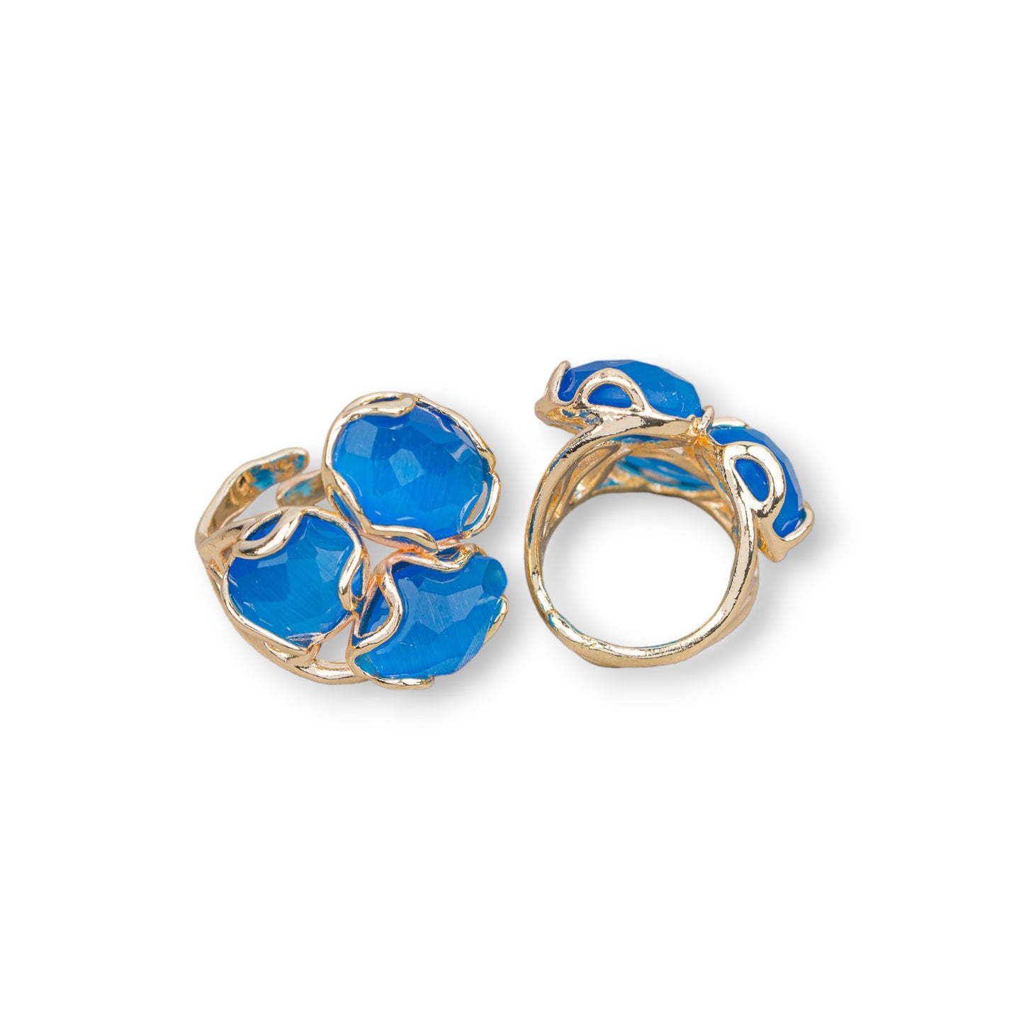 Bronze Ring AURORA Collection 25x27mm With Cat's Eye Adjustable Size Golden Light Blue