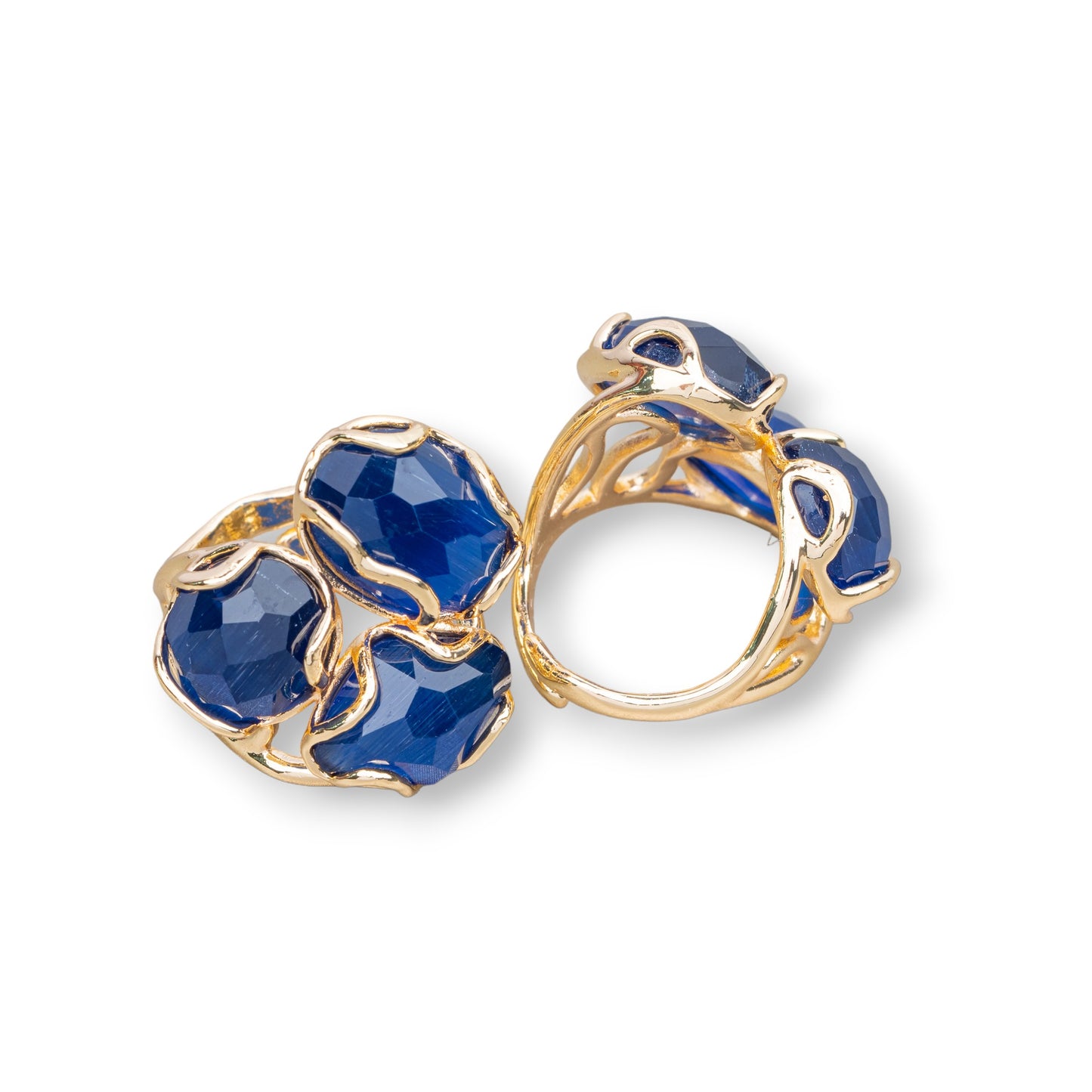 Anello Di Bronzo Collezione AURORA 25x27mm Con Occhio Di Gatto Misura Regolabile Dorato Blu Intenso