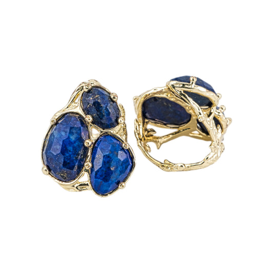 Anello Di Bronzo Collezione AURORA 25x27mm Con Occhio Di Gatto Misura Regolabile Dorato Blu