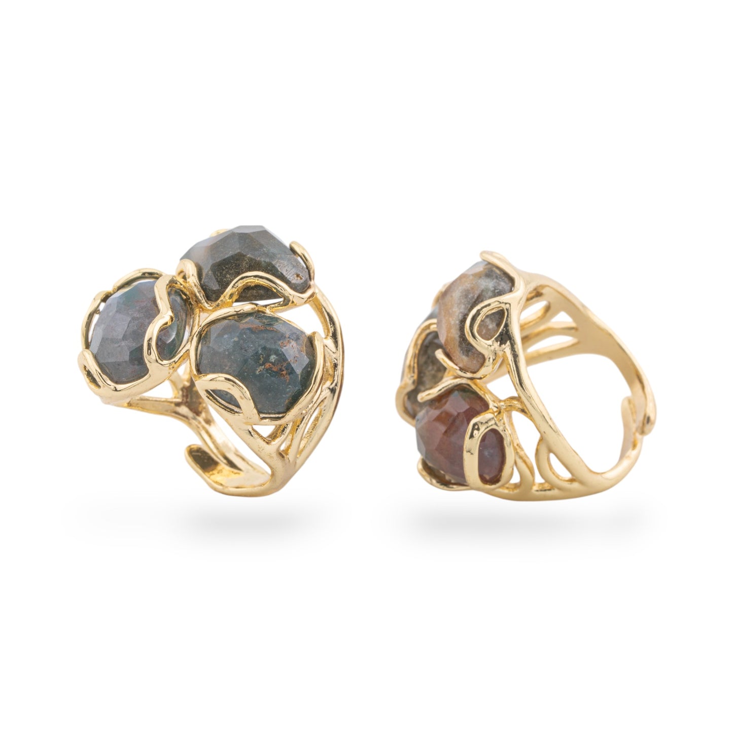 Anello Di Bronzo Collezione AURORA 25x27mm Con Pietre Dure Misura Regolabile Dorato Agata Indiana