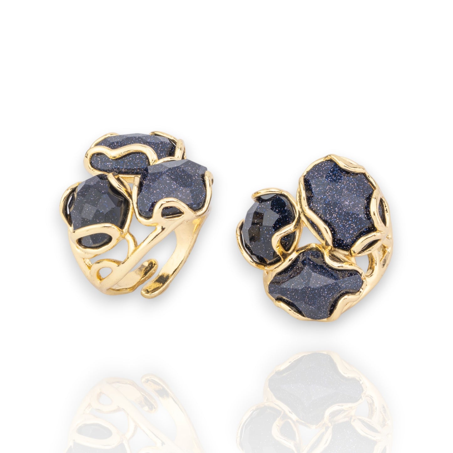 Anello Di Bronzo Collezione AURORA 25x27mm Con Pietre Dure Misura Regolabile Dorato Blue Sand Stone