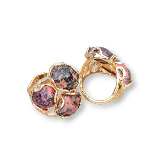 Anello Di Bronzo Collezione AURORA 25x27mm Con Pietre Dure Misura Regolabile Dorato Rodonite