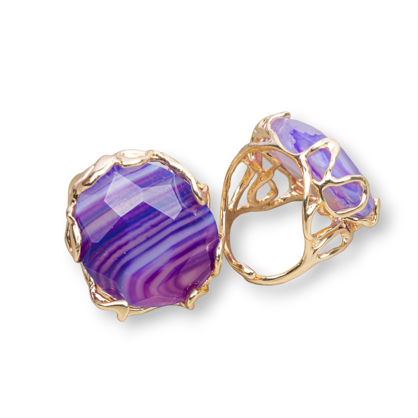 Anello Di Bronzo Collezione AURORA 28x32mm Con Pietre Dure Misura Regolabile Dorato Agata Viola Striata Intenso