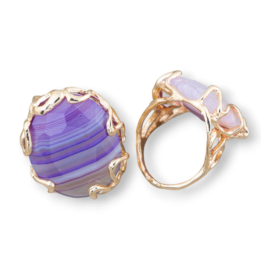 Anello Di Bronzo Collezione AURORA 28x32mm Con Pietre Dure Misura Regolabile Dorato Agata Viola Striata