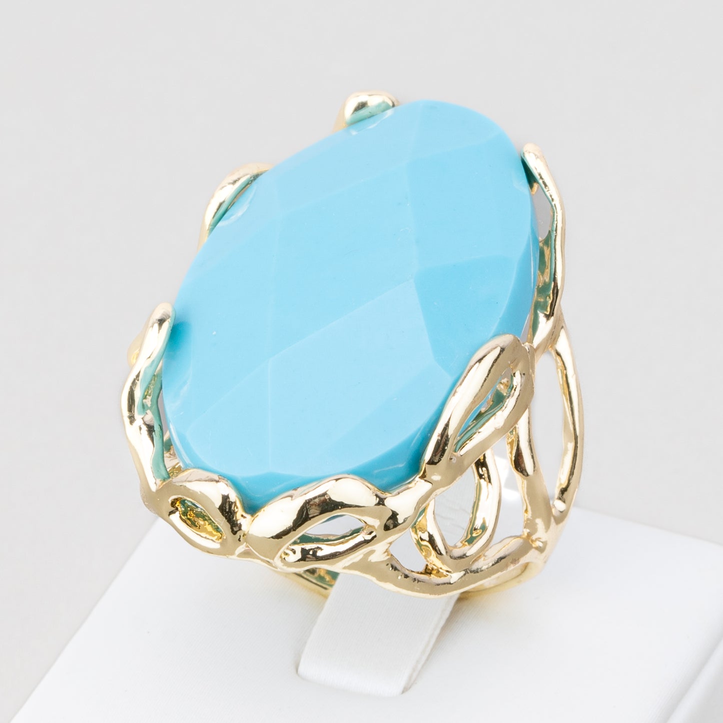 Bronze Ring AURORA Collection 28x32mm With Hard Stones Adjustable Size Gold Plated Oval Turquoise Paste