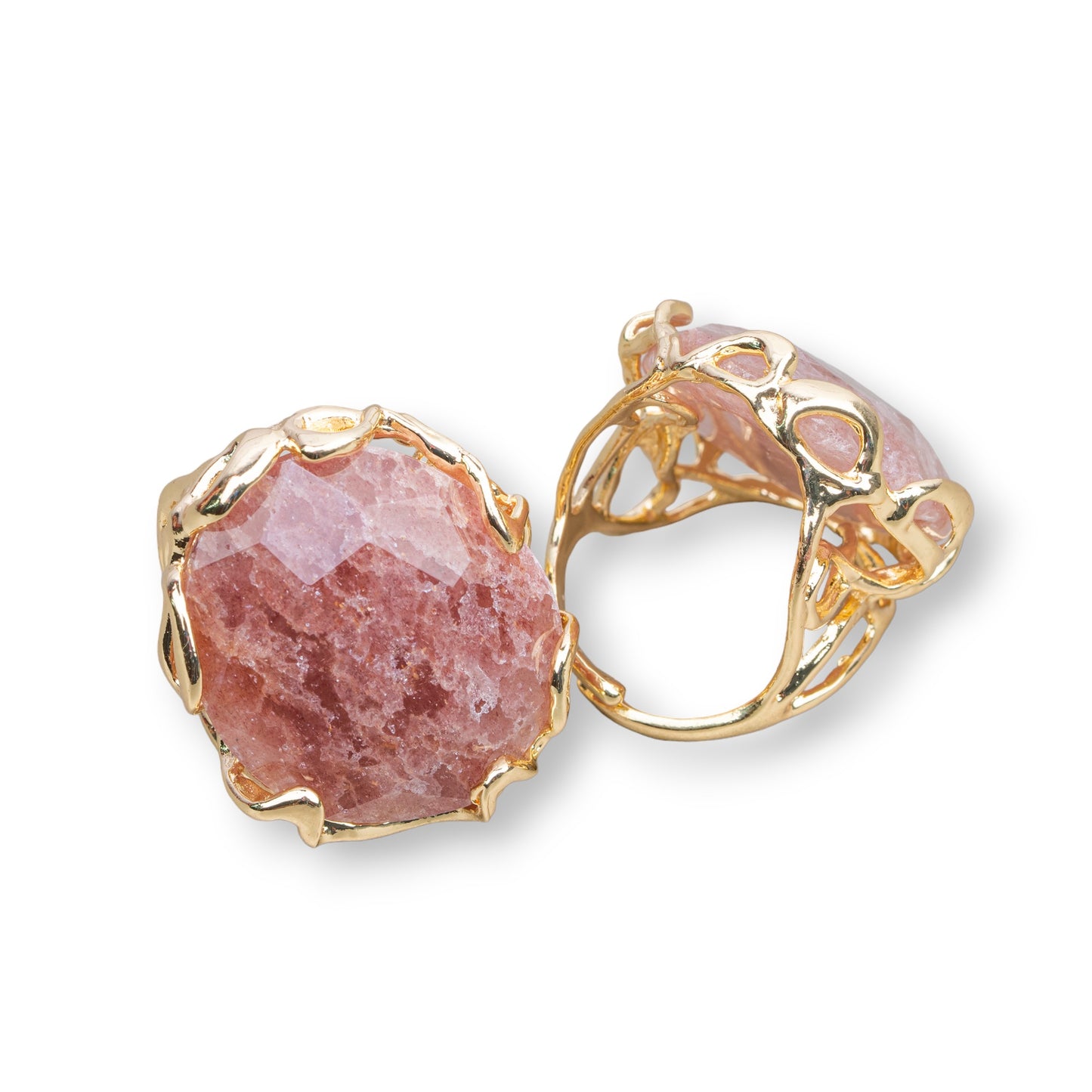 Bronze Ring AURORA Collection 28x32mm With Hard Stones Adjustable Size Golden Strawberry Quartz