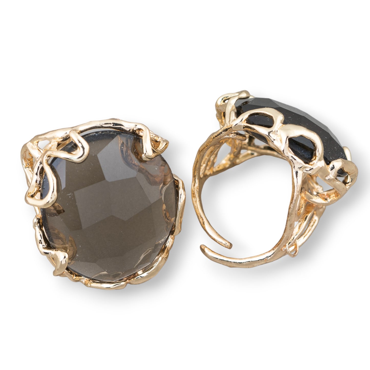 Bronze Ring AURORA Collection 28x32mm With Hard Stones Adjustable Size Gold Smoky Quartz