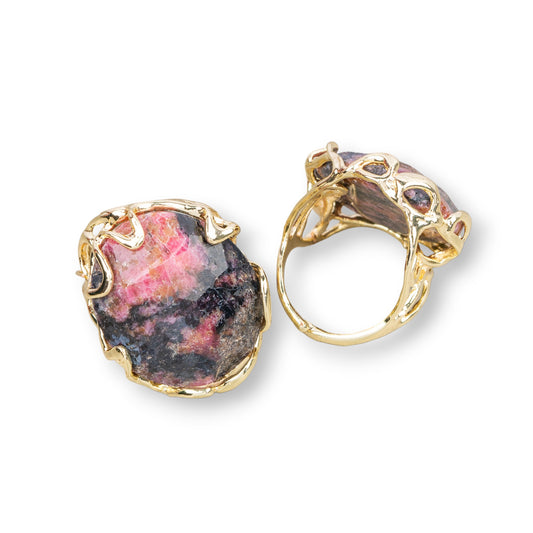 Anello Di Bronzo Collezione AURORA 28x32mm Con Pietre Dure Misura Regolabile Dorato Rodonite Grezzo