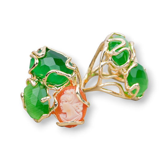 Anello Aurora in Bronzo con Occhio di Gatto e Cammeo Naturale - Eleganza Regolabile